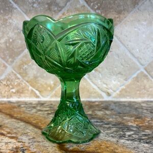 Vintage Green Pressed Glass Pedestal Bowl